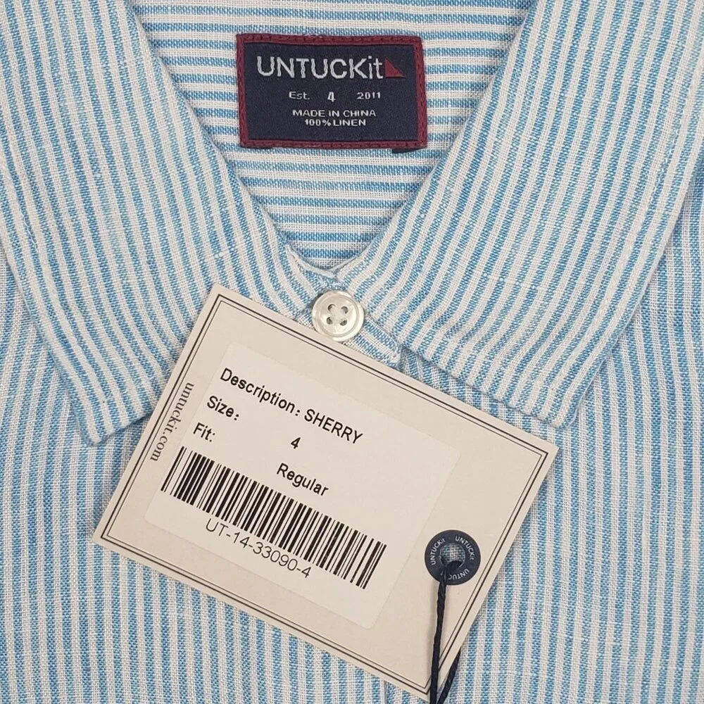 UNTUCKit Sherry Linen LS Shirt Womens Size 4 Light Turquoise Blue & White Stripe - Picture 2 of 15
